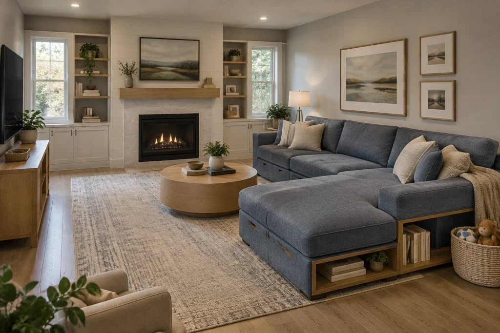 Family-friendly low-slung sectional with integrated storage and durable textiles, Modern family Family living room interior