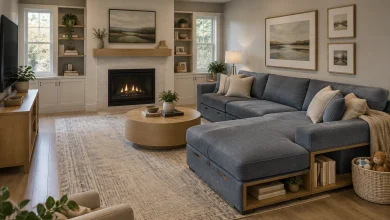 Family-friendly low-slung sectional with integrated storage and durable textiles, Modern family Family living room interior