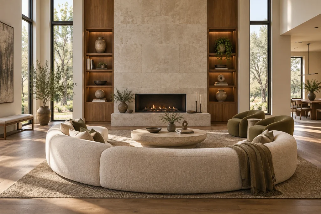 Organic luxury: curvilinear low-slung sofa in a high-ceiling great room, Modern organic luxury Great room / formal living interior