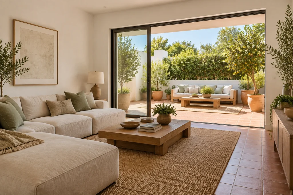 Indoor-outdoor transitional low-slung layout for a small patio-adjacent living room, Modern casual indoor-outdoor Living room opening to patio interior