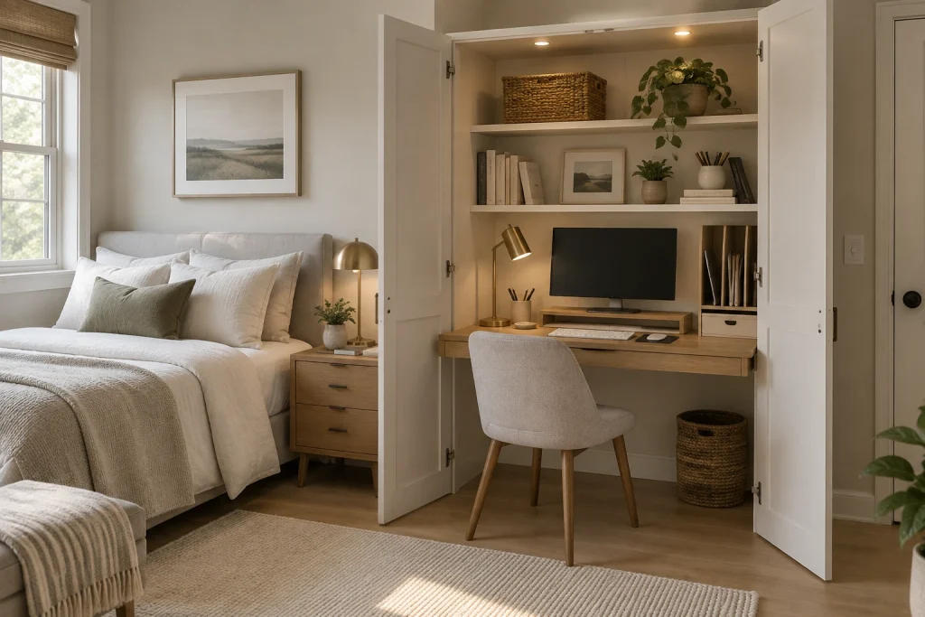 Cloffice — wardrobe converted into a hidden office, Scandinavian modern Bedroom alcove / closet niche interior