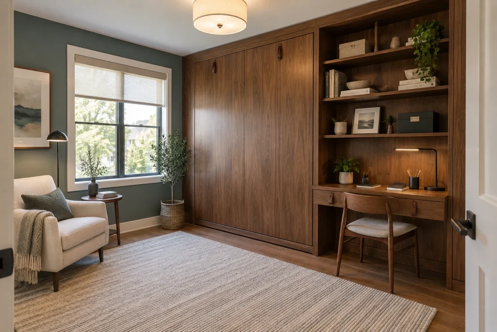Guest room transforms with a Murphy bed that folds up to expose a desk wall, Mid-century modern Guest bedroom / dual-purpose interior