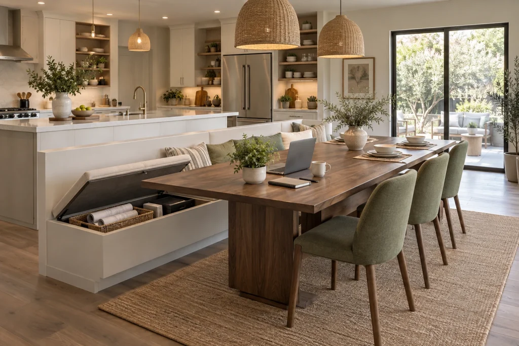 Convertible dining table that doubles as a work table with storage bench, Modern organic Open-plan kitchen / dining interior