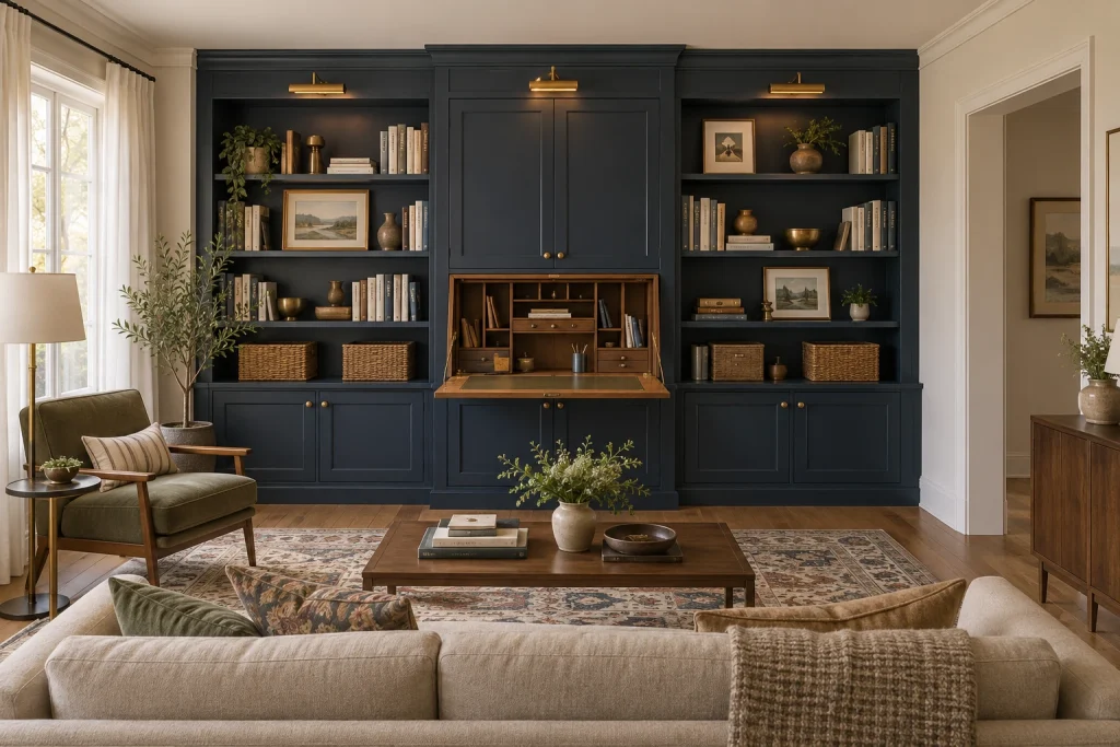 Library wall with integrated fold-down secretary desk, Contemporary traditional Living room interior