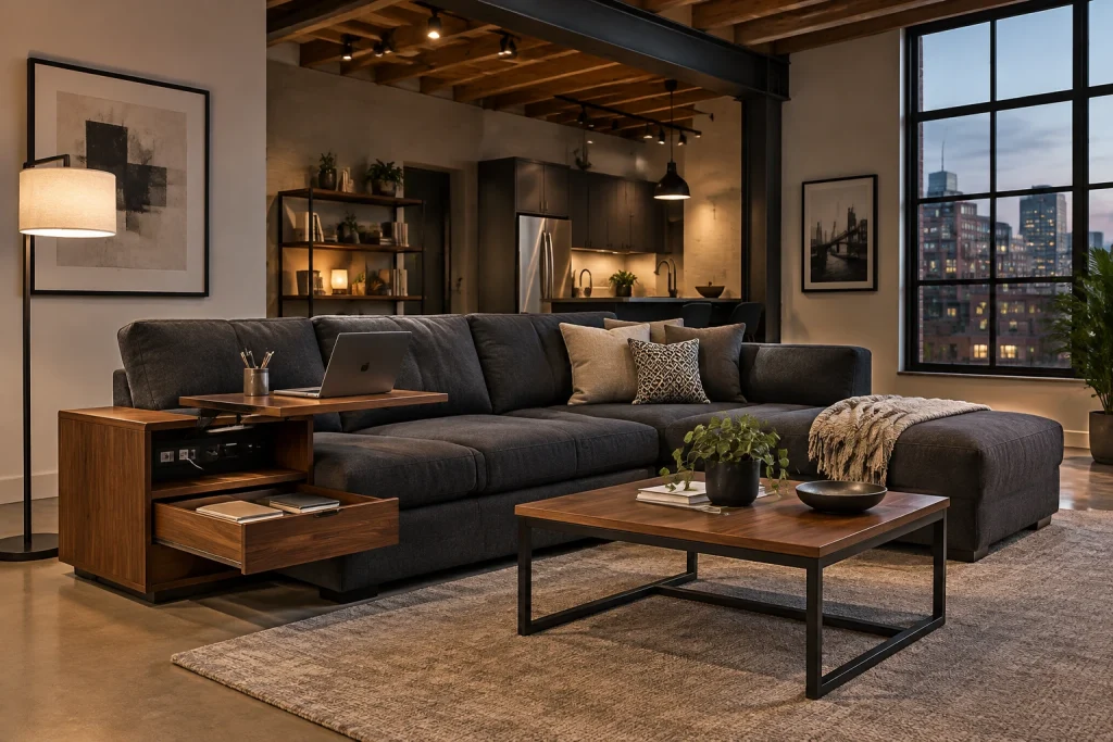 Modular sectional with integrated workstation and hidden storage, Contemporary loft Small living loft interior