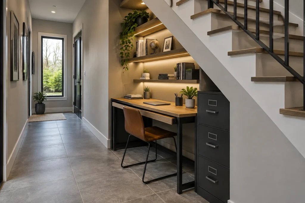 Under-stair office with custom storage and pull-out desk, Industrial modern Hallway / under-stairs niche interior