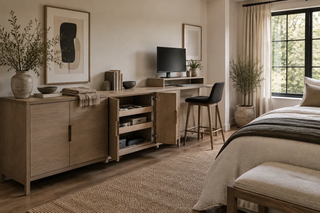 Long low credenza repurposed as a standing desk with monitor shelf, Japandi (Japanese + Scandinavian) Bedroom multipurpose interior