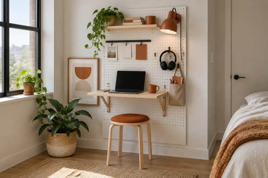 Renter-friendly wall panel with pegboard, fold-down shelf, and magnetic strip, Minimal Scandinavian (renter-friendly) Studio corner / makeshift office interior