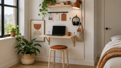 Renter-friendly wall panel with pegboard, fold-down shelf, and magnetic strip, Minimal Scandinavian (renter-friendly) Studio corner / makeshift office interior