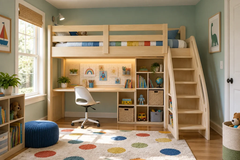 Lofted kids' bed with study and play area below, Modern playful Children / teen bedroom interior