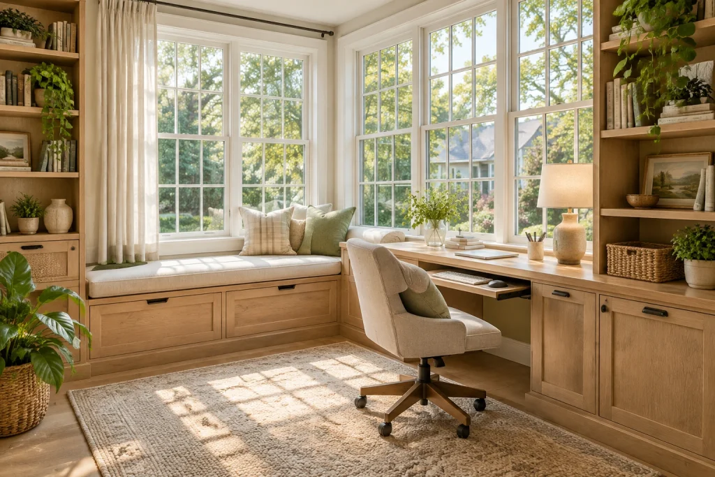 Window-seat work nook with pull-out keyboard tray and concealed filing, Warm modern Sunroom / window nook interior