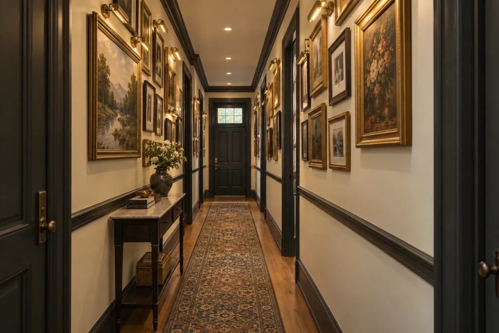 Classic salon-style gallery with picture lights in a narrow prewar corridor, Traditional / Transitional Long, narrow prewar hallway with high ceilings and crown moldings interior