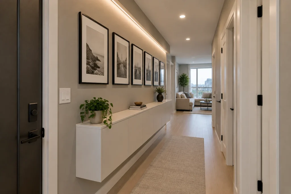 Minimal linear gallery with flush LED strips in a modern apartment hallway, Modern Minimal Short, narrow apartment hallway between entry and living area interior