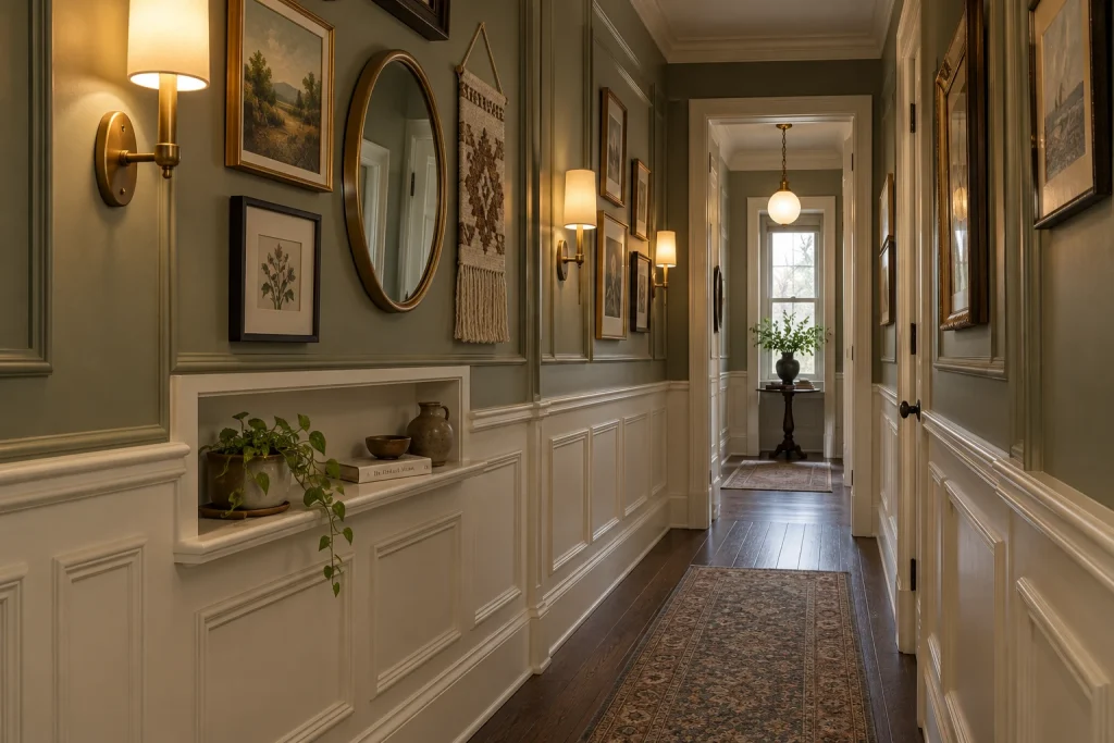 Layered texture gallery on paneled wall with wall sconces in a Victorian narrow passage, Eclectic Victorian with modern touches Narrow Victorian-style passage with wainscoting and tall baseboards interior