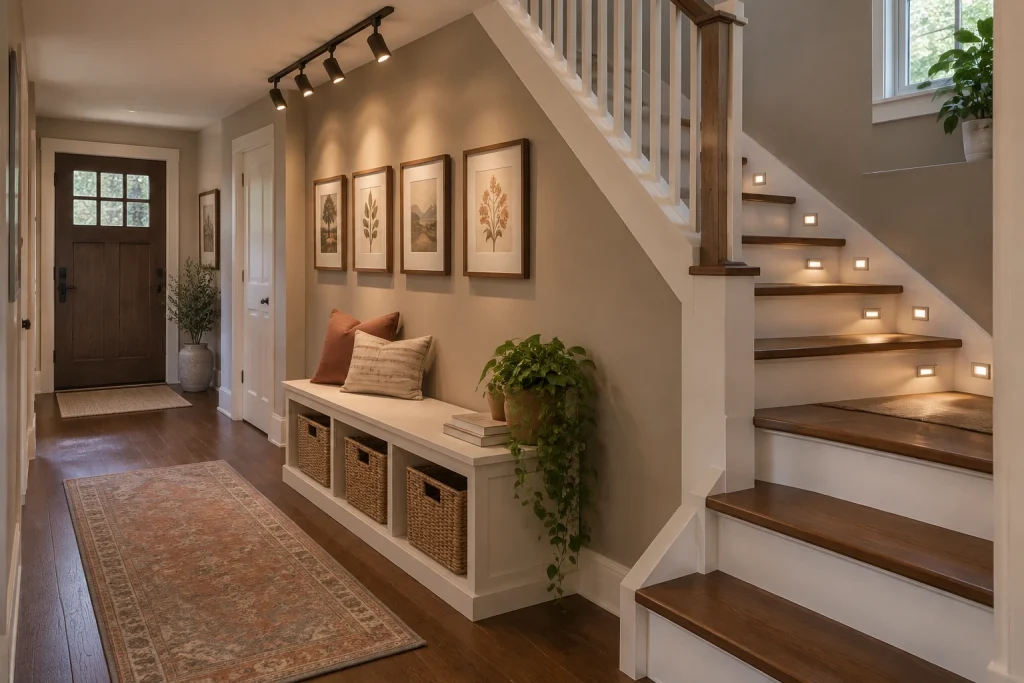 Under-stair narrow foyer turned gallery with track lighting and storage bench, Modern Craftsman Compact under-stair hallway/foyer niche interior