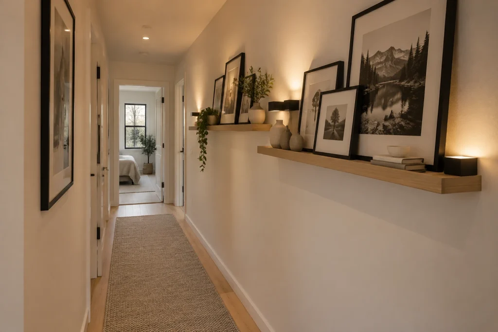 Monochrome gallery with picture ledges and warm uplighting in a low-ceiling condo corridor, Scandinavian Cozy Narrow condo corridor with low ceilings interior