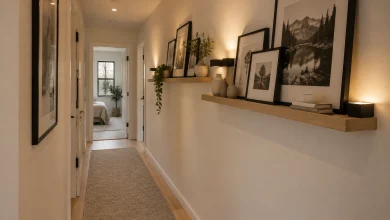 Monochrome gallery with picture ledges and warm uplighting in a low-ceiling condo corridor, Scandinavian Cozy Narrow condo corridor with low ceilings interior