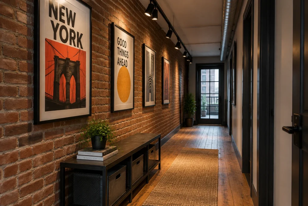 Industrial gallery with exposed brick, track accent lights, and bold prints, Industrial-Modern Long narrow hallway converted from an old loft interior
