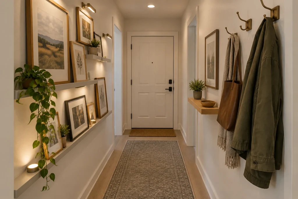 Renter-friendly removable gallery using picture ledges, command hooks, and LED picture lights, Casual Modern / Budget-friendly Narrow rental apartment hallway with standard drywall interior