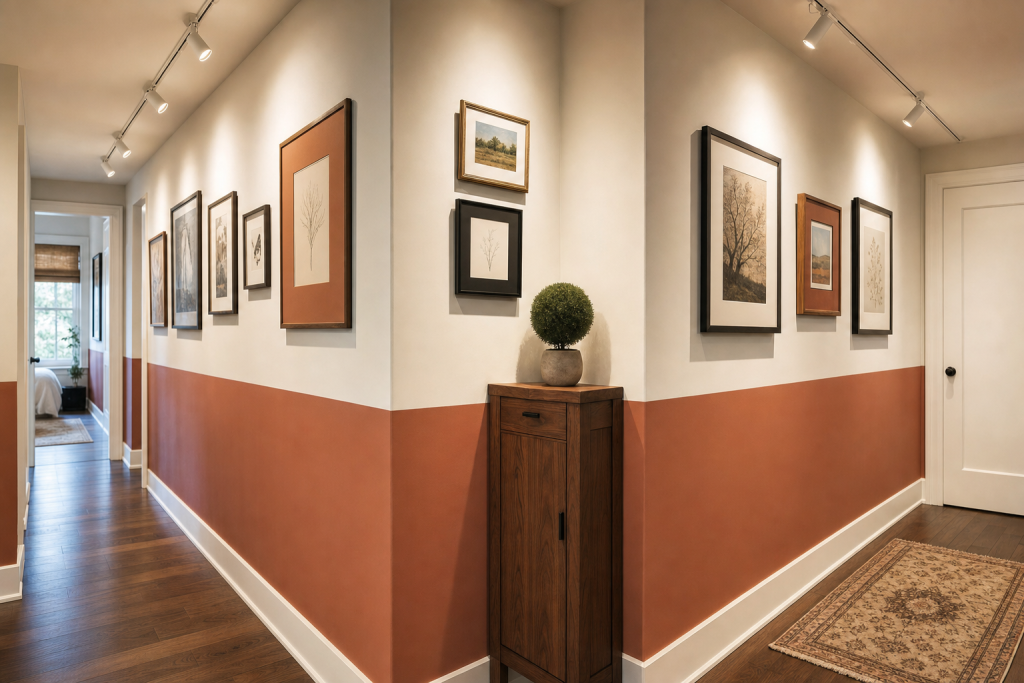 Color-blocked gallery with cohesive palette and recessed adjustable spots in an L-shaped hallway, Contemporary Color-block Narrow L-shaped hallway connecting rooms interior