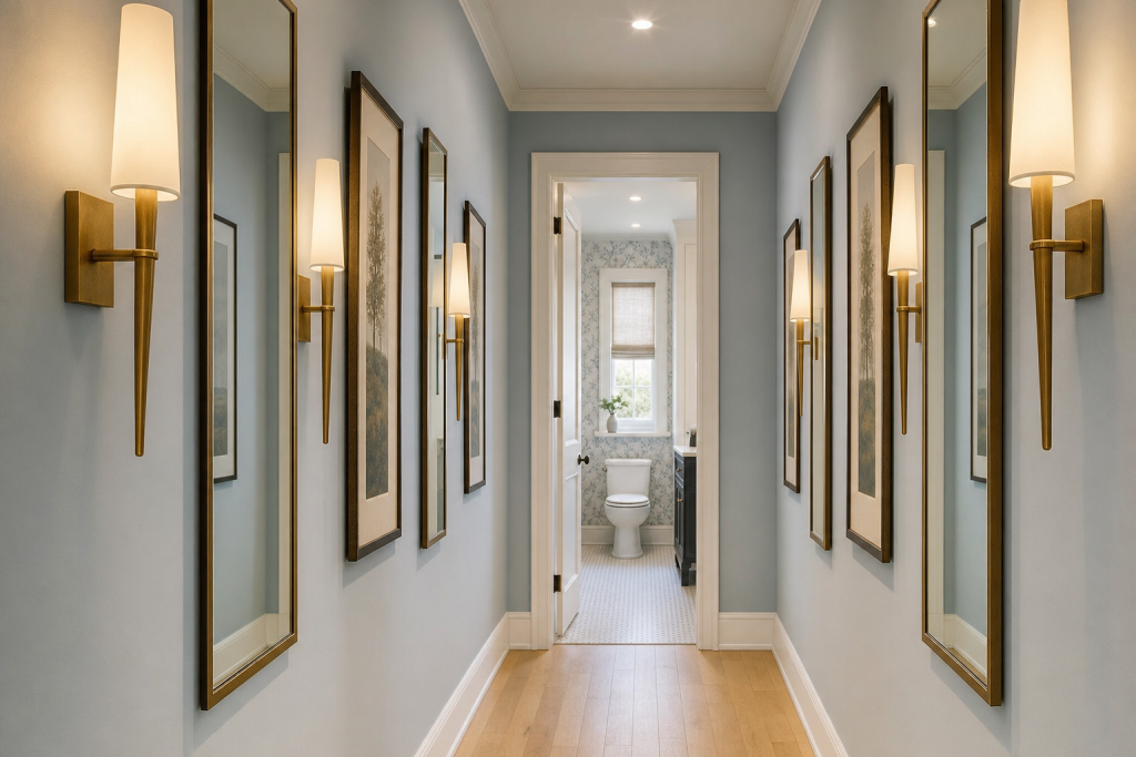 Gallery with mirrors and tapered sconces to visually widen a very narrow passage, Classic Contemporary Very narrow transitional hallway adjacent to powder room interior