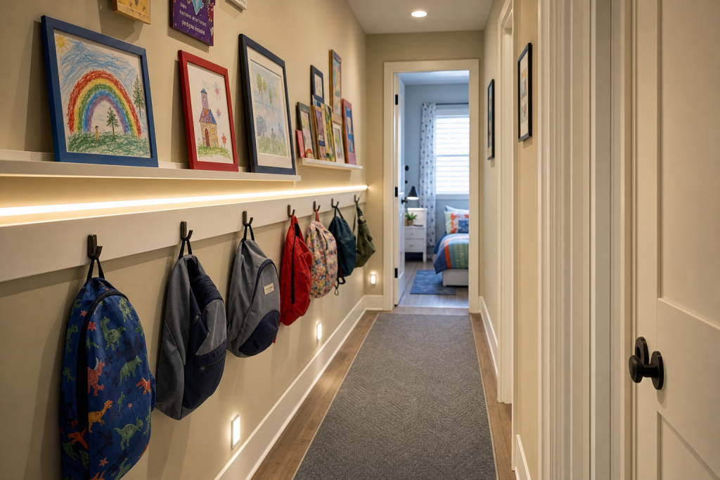 Kid-friendly gallery with washable frames, soft LED strip, and low hooks in a school-run hallway, Playful Family-Friendly Narrow hallway near children's bedrooms with durable finishes interior