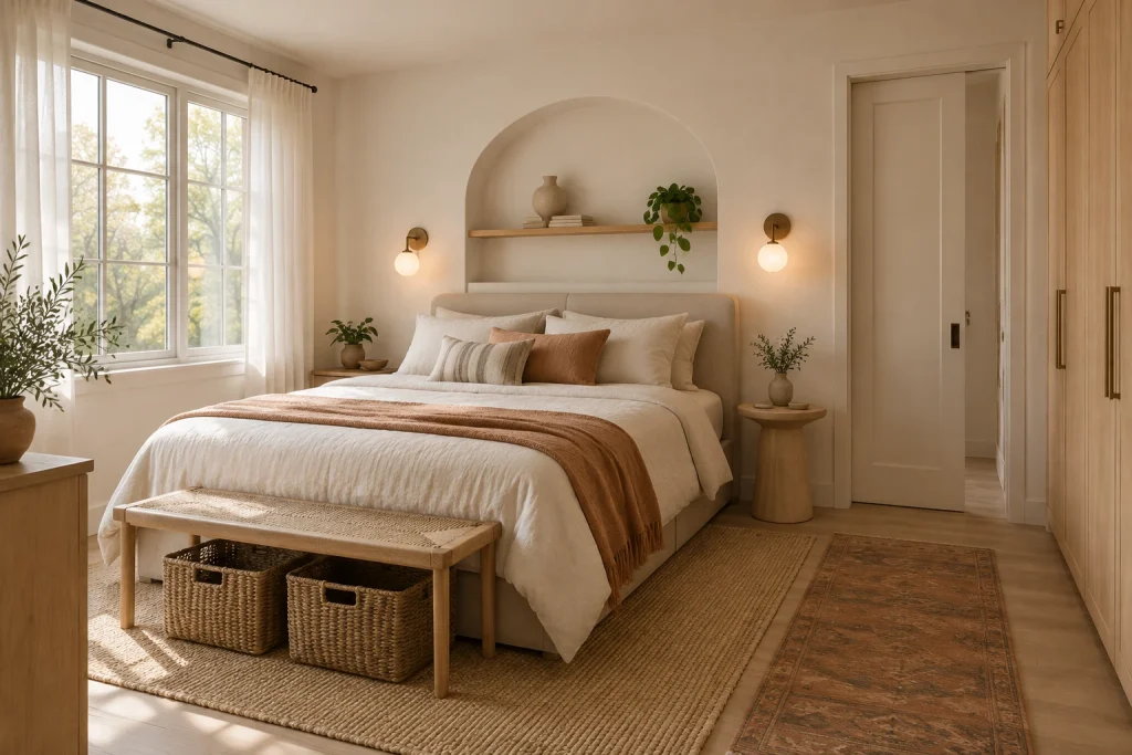 Warm White Sanctuary with Soft Curves, Modern organic bedroom-family interior