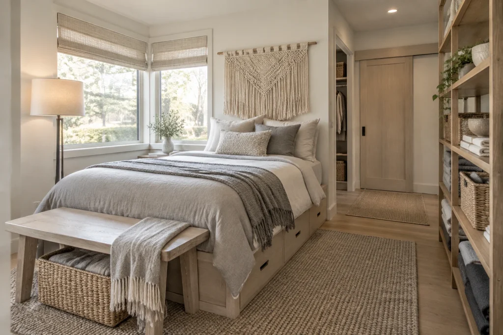 Texture-Forward Neutral Studio Bedroom, Scandinavian textured bedroom-family interior