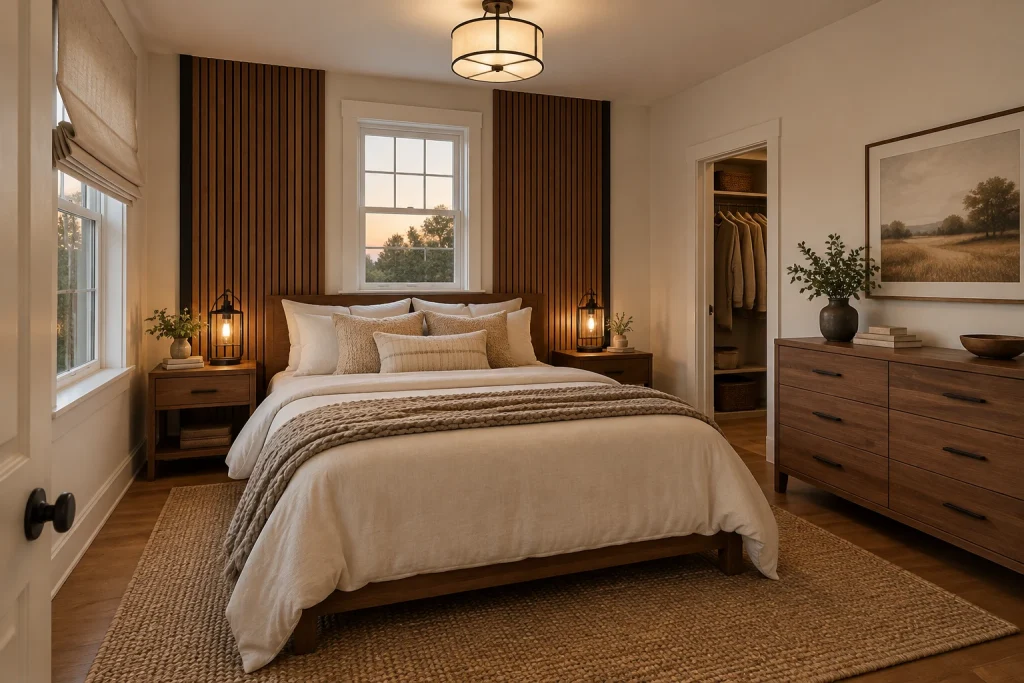 Wood-Tone Contrast with Dark Trim, Modern farmhouse bedroom-family interior