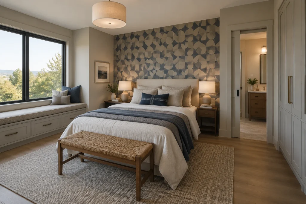 Subtle Pattern Play with Neutral Motifs, Contemporary eclectic bedroom-family interior