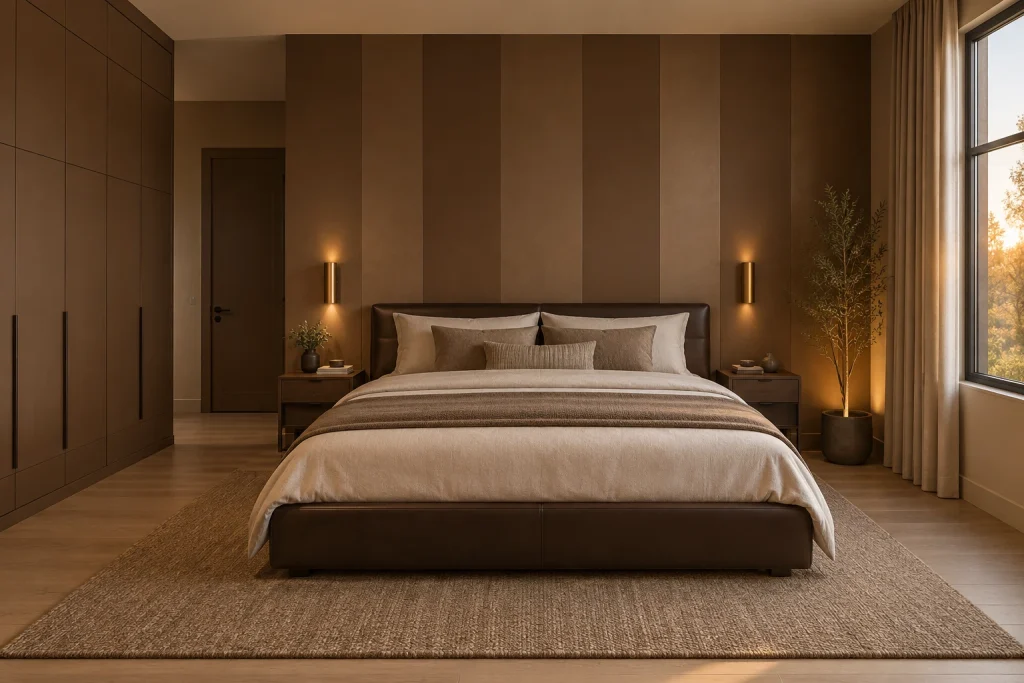 Monochrome Warmth in Layered Browns, Minimal warm modern bedroom-family interior