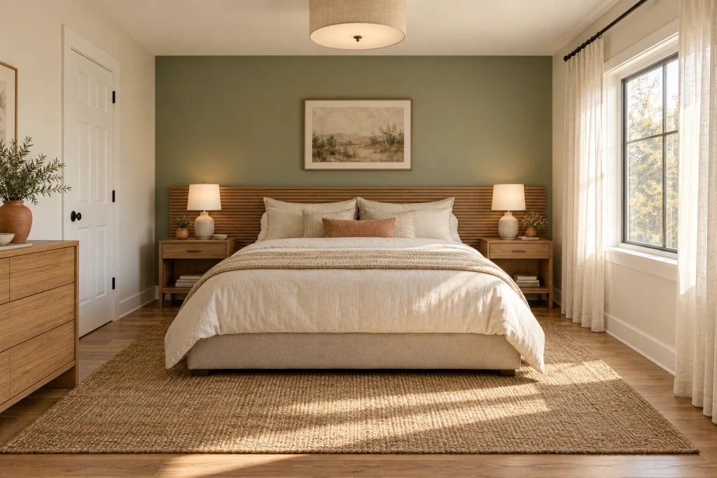 Sage accent wall with warm oak paneling, Modern organic — warm oak joinery and soft textiles bedroom-family interior