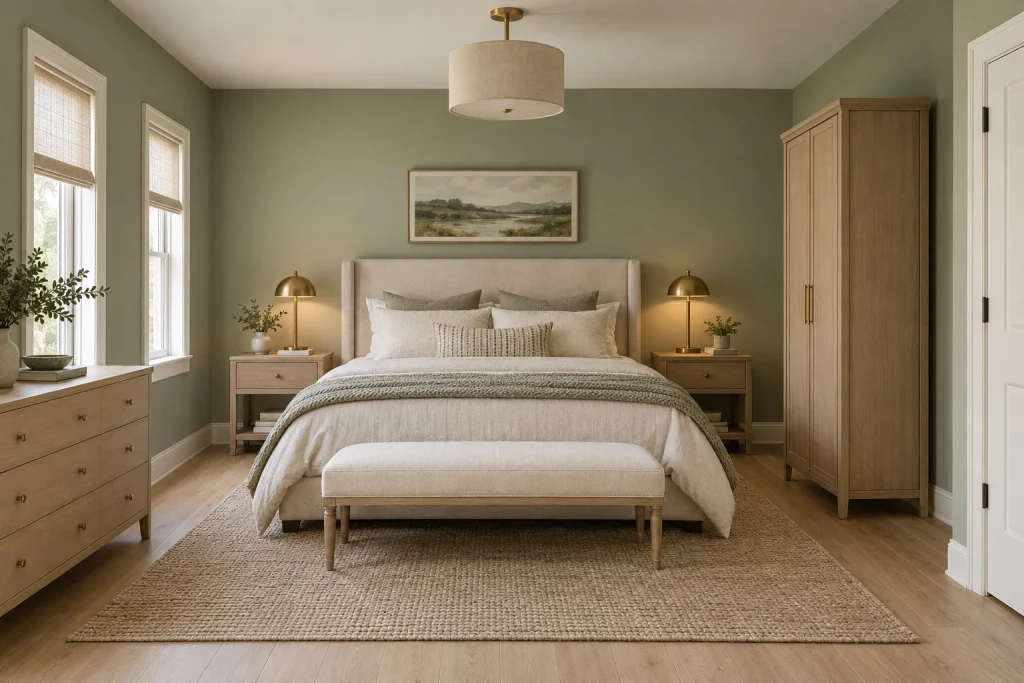 Soft all-over sage with cream upholstery, Soft contemporary — enveloping color with light fabrics bedroom-family interior