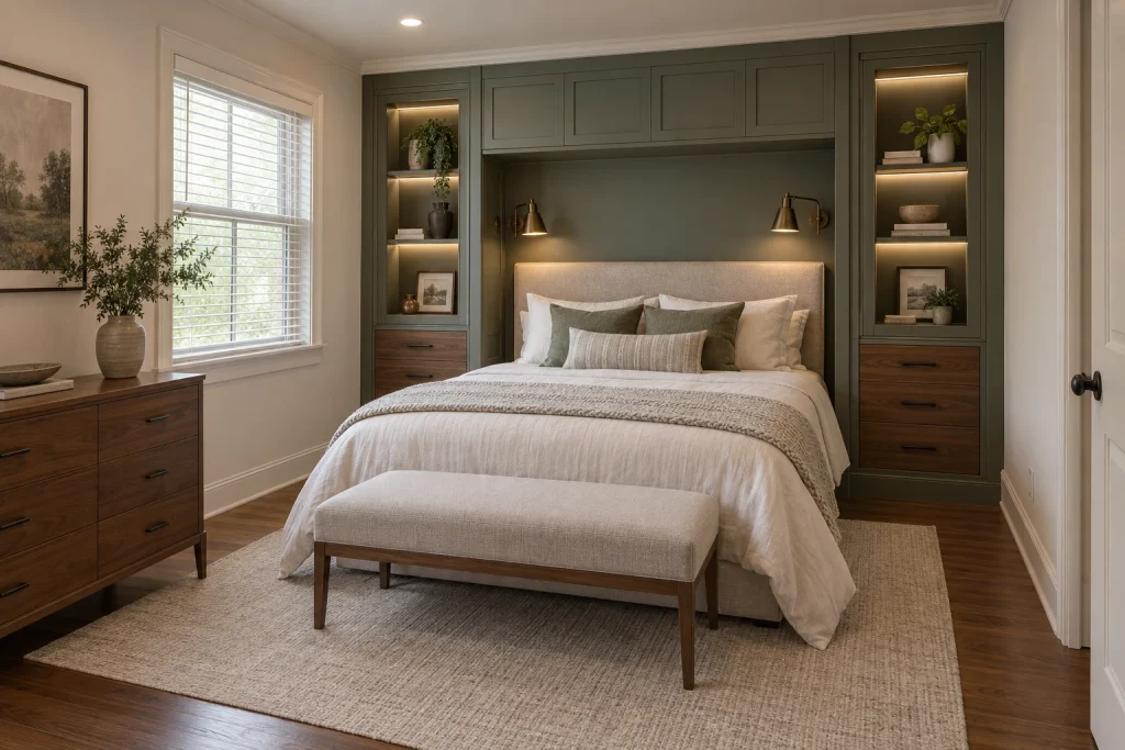 Built-in headboard wall with integrated storage, Transitional built-in cabinetry — functional and tailored bedroom-family interior