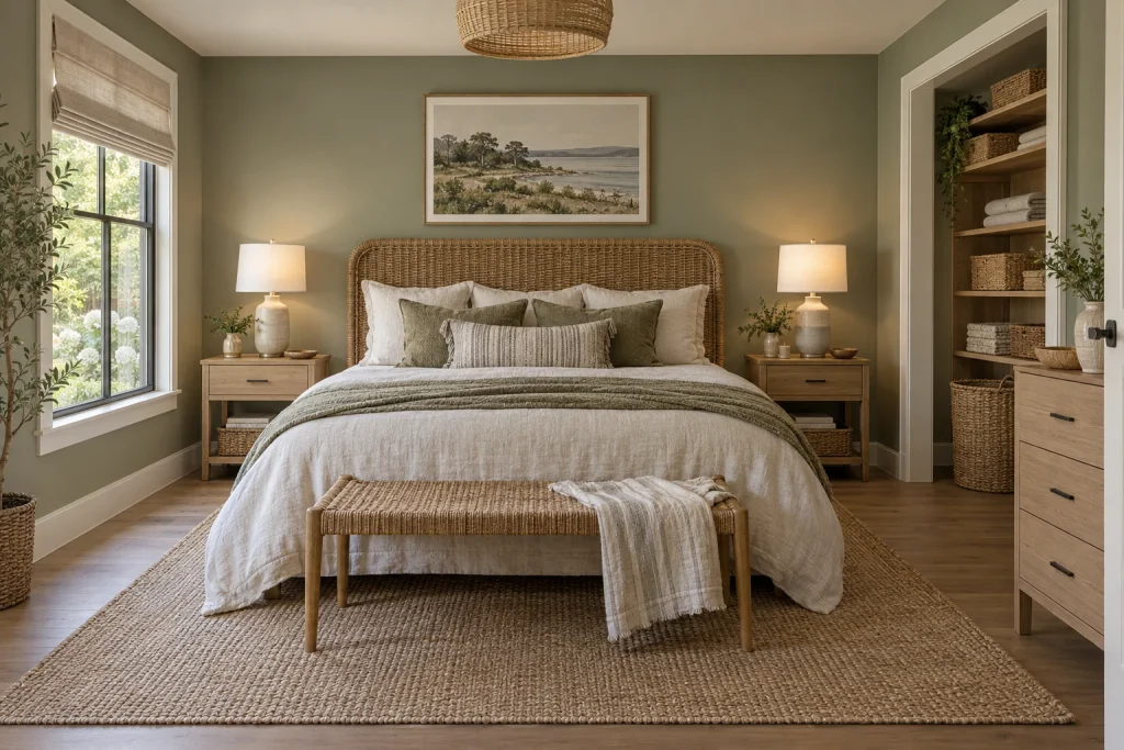 Sage with natural linen and woven textures, Casual coastal-Japandi fusion — layered natural textures bedroom-family interior