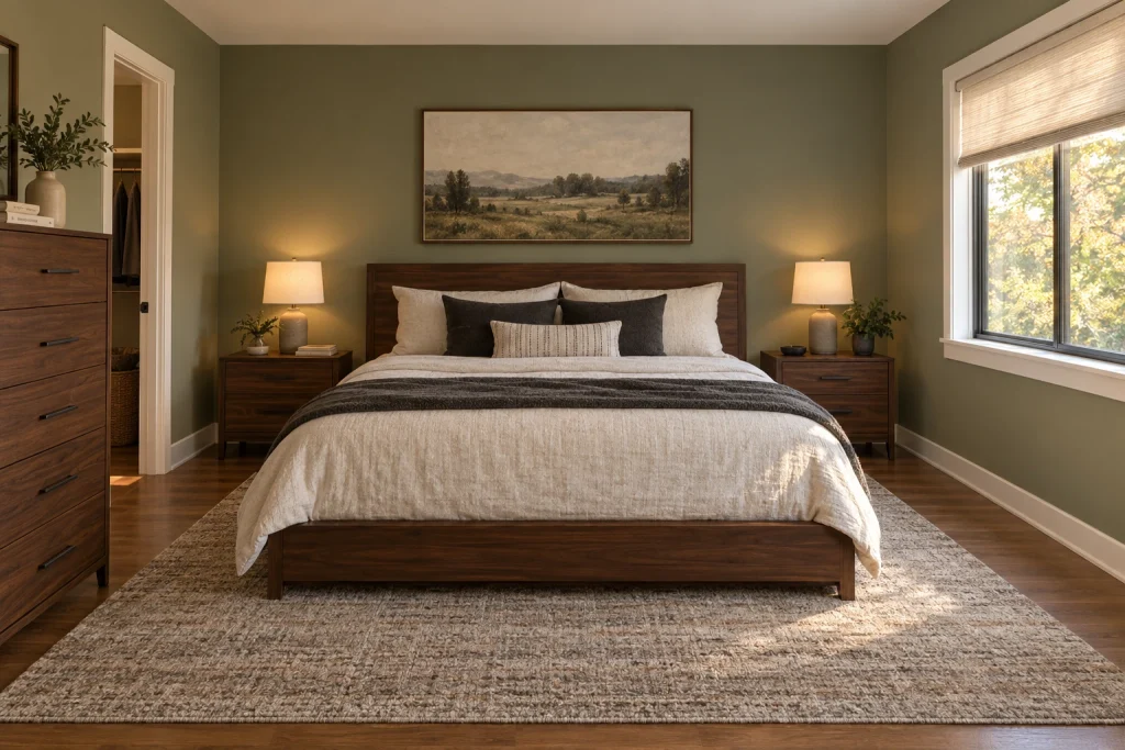 Sage with walnut and darker wood contrast, Warm modern — rich walnut anchoring sage walls bedroom-family interior
