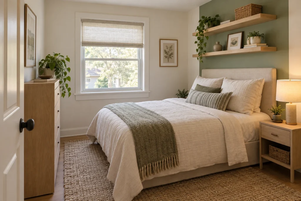 Warm white small-bedroom with sage accents, Space-smart warm minimalism — renter-friendly approach bedroom-family interior