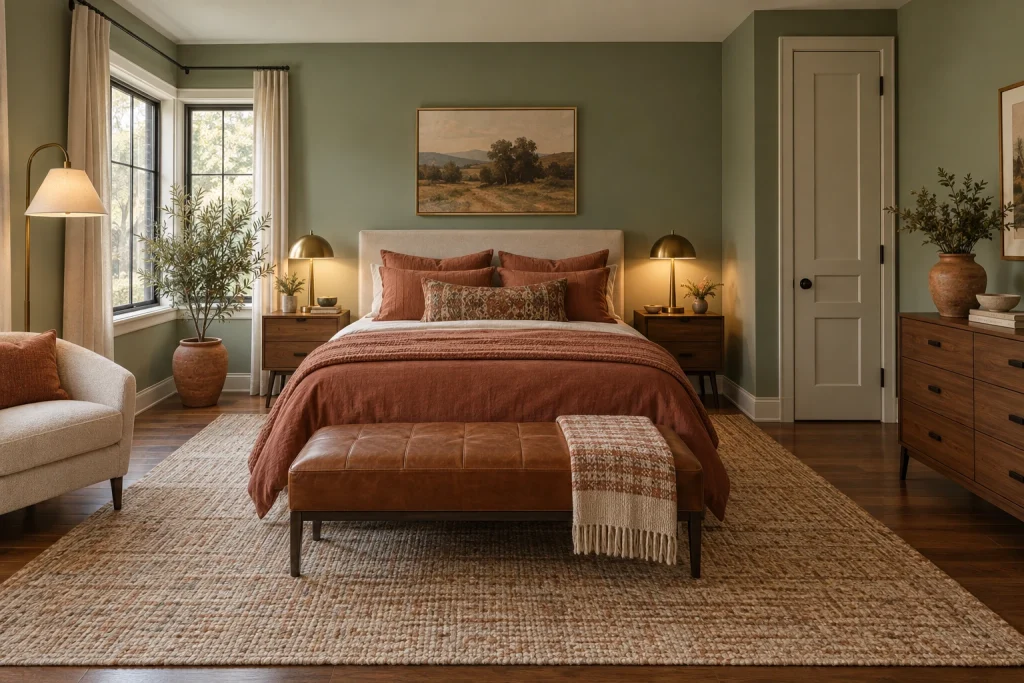 Sage with muted terracotta and rust accents, Modern eclectic — warm earth accents layered over sage bedroom-family interior