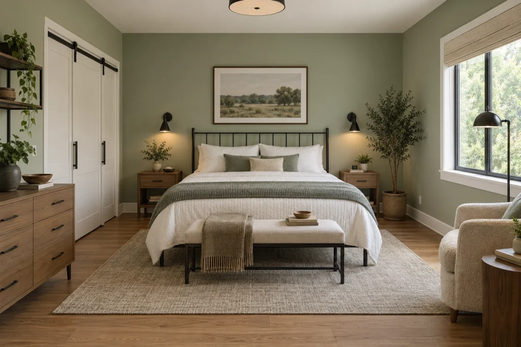 Sage with restrained black modern details, Modern minimal — graphic black accents with soft sage bedroom-family interior