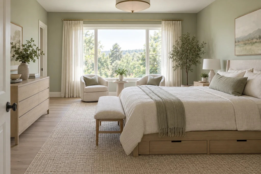 Light, airy window-focused sage bedroom, Luxe casual — bright, minimal, window-forward composition bedroom-family interior
