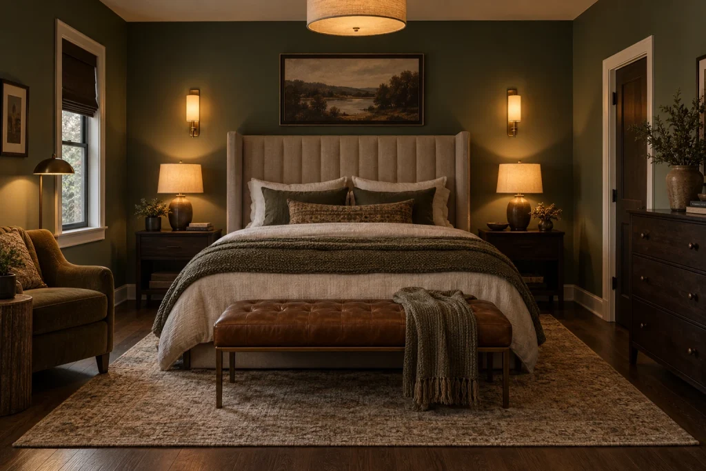 Moody deeper sage with warm layered lighting, Cozy modern — saturated color with intimate lighting bedroom-family interior