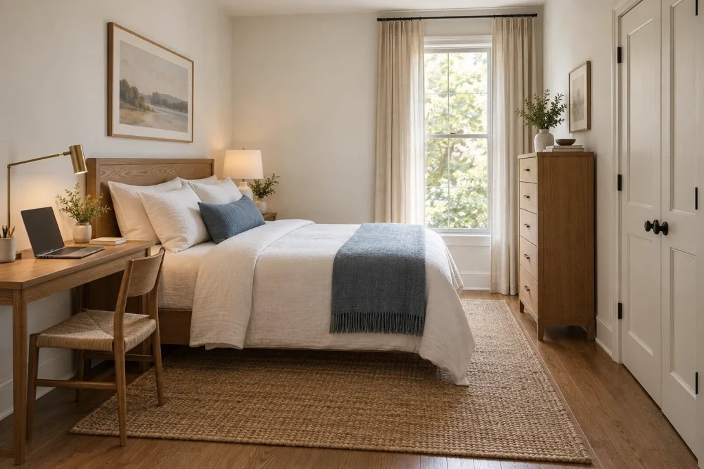 Bedside Desk — Nightstand Replaced by Work Surface, Modern transitional bedroom-family (small bedroom variants) interior