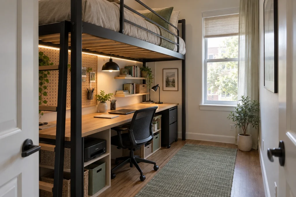 Lofted Bed with Under-Desk Workspace — Vertical Space Multiplier, Modern urban, pragmatic and airy bedroom-family interior