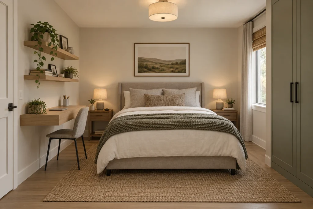 Floating Wall Desk — Minimal Footprint, Minimal warm bedroom-family (small bedroom variants) interior