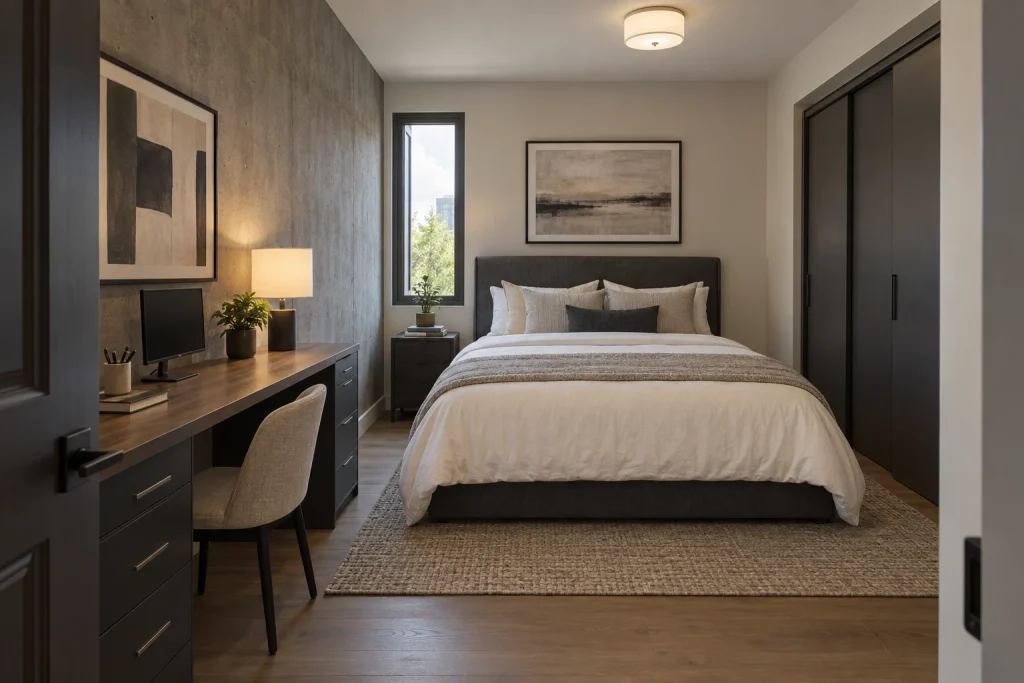 Shallow Console Desk — Narrow Surface Along a Hallway Wall, Urban modern bedroom-family (small bedroom variants) interior