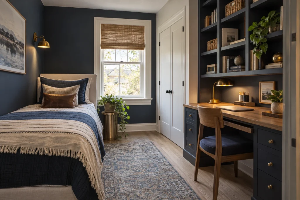 Desk Under Vertical Shelving — Maximize Vertical Storage, Modern eclectic bedroom-family (small bedroom variants) interior