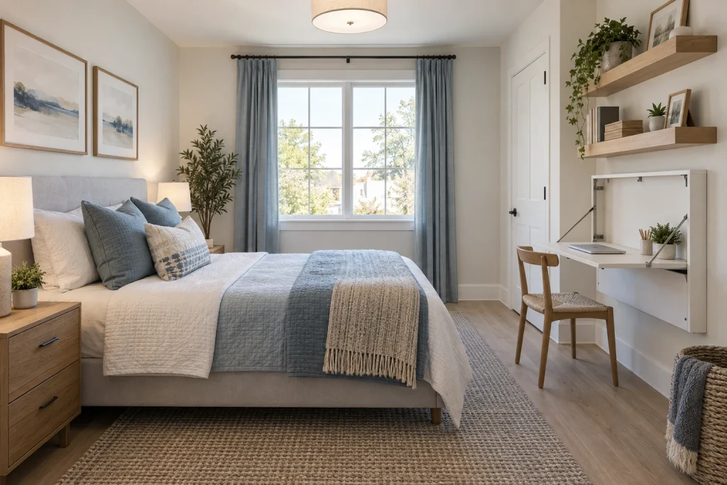 Fold-Down Desk — Wall-Mounted Work Surface That Tucks Away, Small-space multifunctional bedroom-family (small bedroom variants) interior