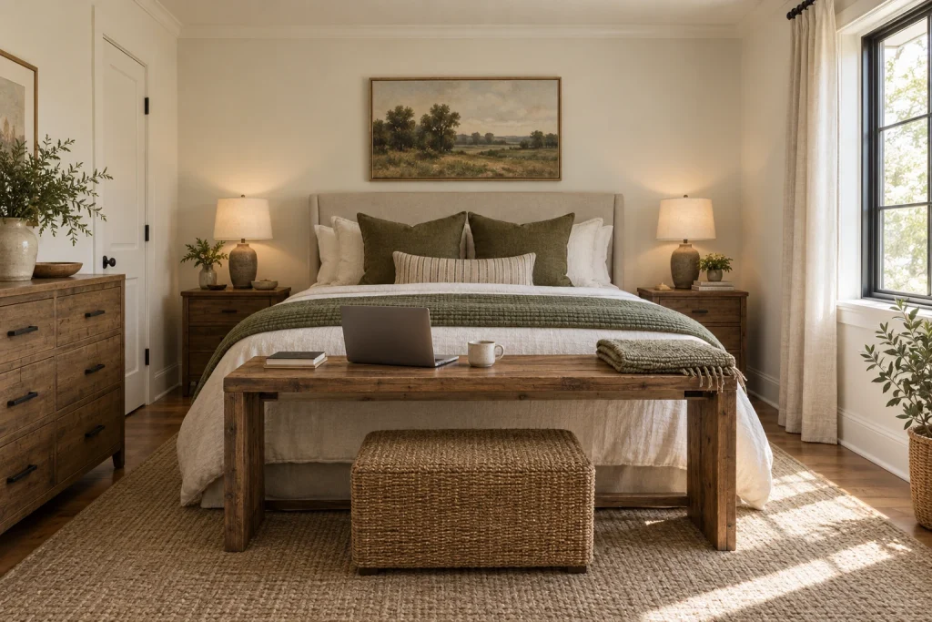 Desk at Foot of Bed — Low-Profile Work Surface, Modern farmhouse bedroom-family (small bedroom variants) interior