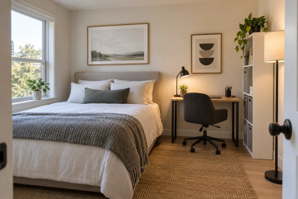Renter-Friendly Setup — Freestanding Desk and Modular Storage, Casual modern renter bedroom-family (small bedroom variants) interior