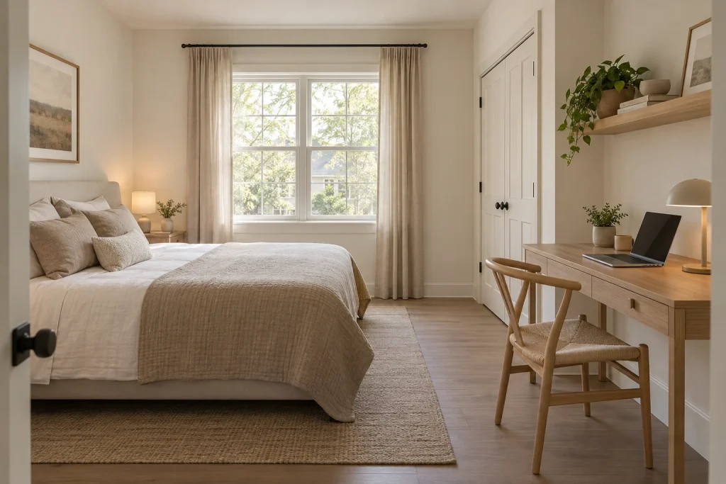 Warm Minimalist Workspace — Calm, Low-Clutter Desk, Warm minimalism bedroom-family (small bedroom variants) interior